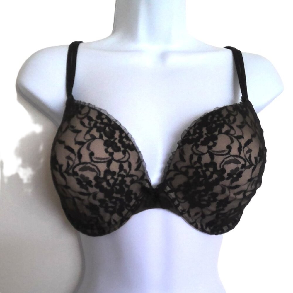 DKNY Black Lace Over Nude Bra UW Countour Lightly Padded Plunge W Bow EUC 34 DD